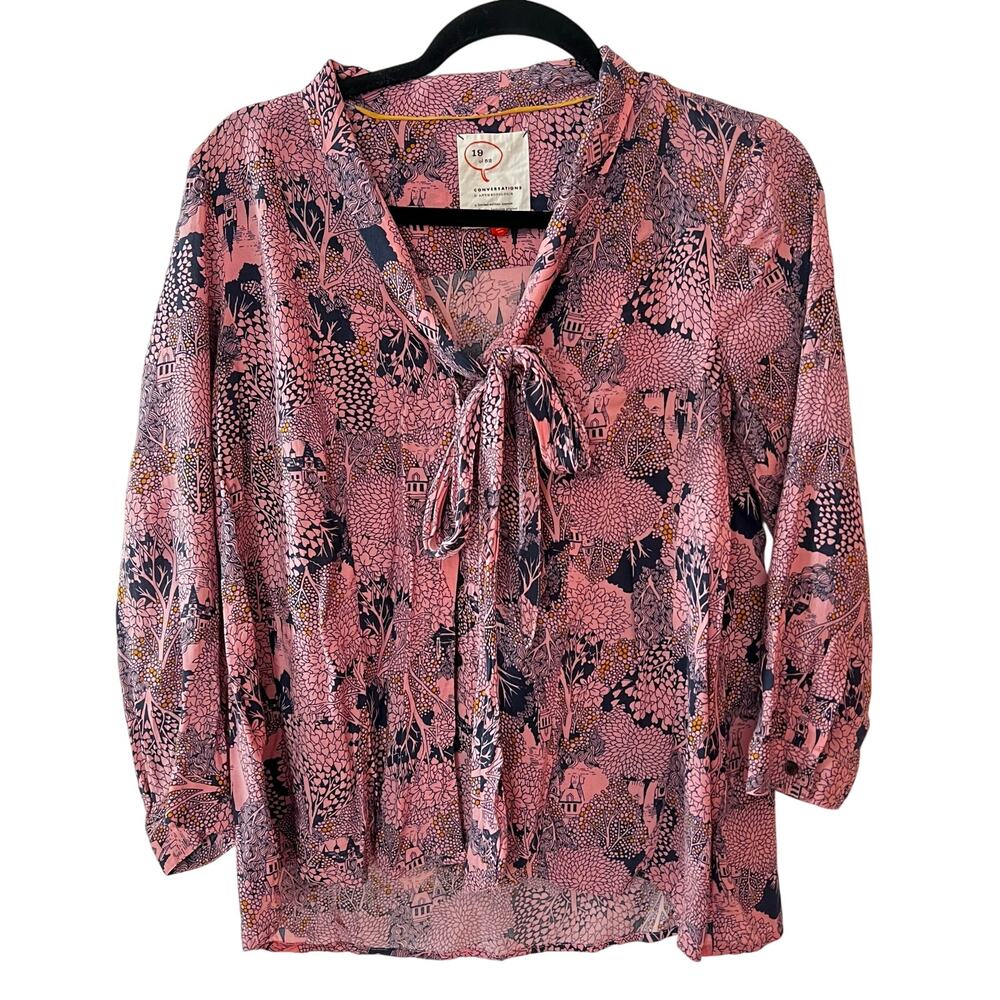 Anthropologie 19 Conversations Printed Pink and Navy Blouse SZ 6